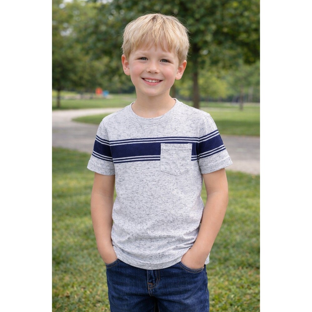 Cat & Jack Boys Gray Speckled T Shirt Size S 6/7 Navy Stripe Short Sleeve